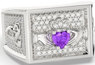 Diamond Amethyst White Gold Celtic Claddagh Trinity Knot Ring Mens Ladies Unisex