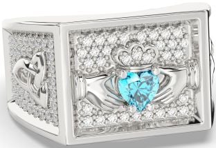 Diamond Topaz White Gold Celtic Claddagh Trinity Knot Ring Mens Ladies Unisex