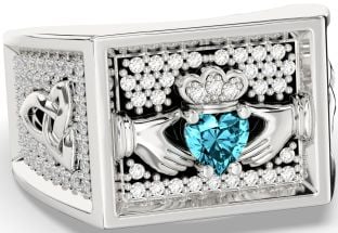 Diamond Aquamarine White Gold Black Rhodium Celtic Claddagh Trinity Knot Ring Mens Ladies Unisex