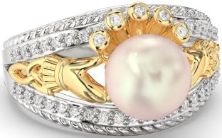 Diamond Gold Silver Claddagh Pearl Ring