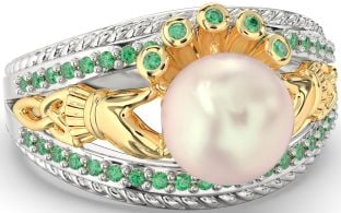 Emerald Gold Silver Claddagh Pearl Ring