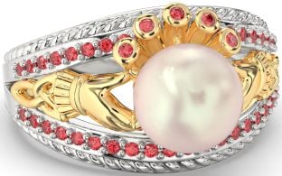 Ruby Gold Silver Claddagh Pearl Ring