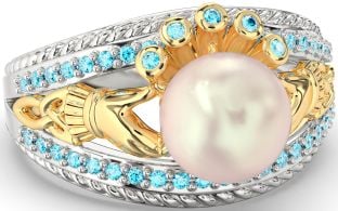 Topaz Gold Silver Claddagh Pearl Ring