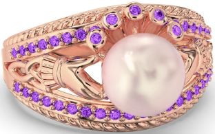 Amethyst Rose Gold Silver Claddagh Pearl Ring