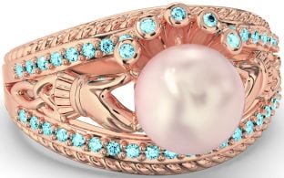 Aquamarine Rose Gold Silver Claddagh Pearl Ring