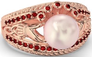 Garnet Rose Gold Silver Claddagh Pearl Ring