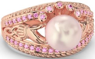 Pink Tourmaline Rose Gold Silver Claddagh Pearl Ring