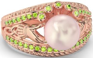 Peridot Rose Gold Silver Claddagh Pearl Ring