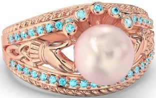 Topaz Rose Gold Silver Claddagh Pearl Ring