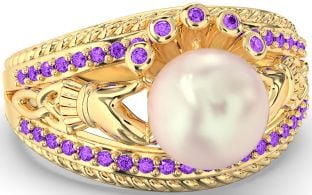 Amethyst Gold Silver Claddagh Pearl Ring