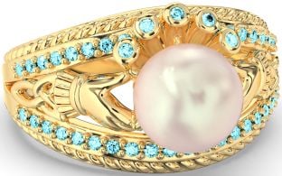 Aquamarine Gold Silver Claddagh Pearl Ring