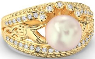 Diamond Gold Silver Claddagh Pearl Ring