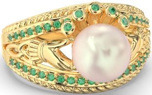 Emerald Gold Silver Claddagh Pearl Ring