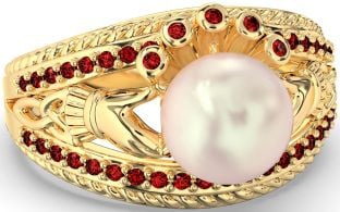 Garnet Gold Silver Claddagh Pearl Ring