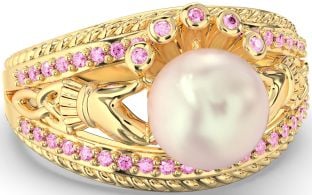 Pink Tourmaline Gold Silver Claddagh Pearl Ring