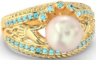 Topaz Gold Silver Claddagh Pearl Ring