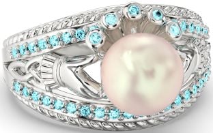 Aquamarine Silver Claddagh Pearl Ring