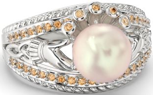 Citrine Silver Claddagh Pearl Ring