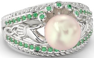 Emerald Silver Claddagh Pearl Ring