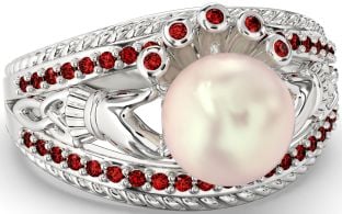 Garnet Silver Claddagh Pearl Ring