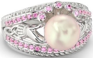 Pink Tourmaline Silver Claddagh Pearl Ring