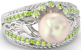 Peridot Silver Claddagh Pearl Ring