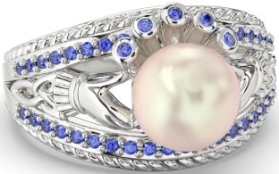 Sapphire Silver Claddagh Pearl Ring