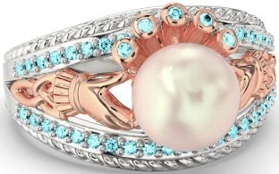 Aquamarine Rose Gold Silver Claddagh Pearl Ring