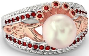 Garnet Rose Gold Silver Claddagh Pearl Ring