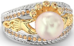 Citrine Gold Silver Claddagh Pearl Ring