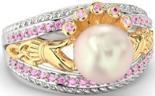 Pink Tourmaline Gold Silver Claddagh Pearl Ring