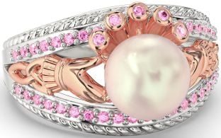 Pink Tourmaline White Rose Gold Claddagh Pearl Ring