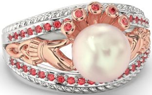 Ruby White Rose Gold Claddagh Pearl Ring