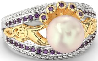 Alexandrite White Yellow Gold Claddagh Pearl Ring