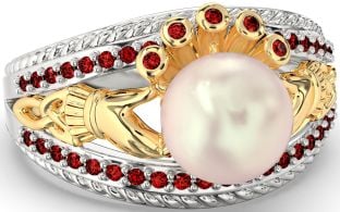 Garnet White Yellow Gold Claddagh Pearl Ring