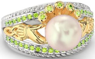 Peridot White Yellow Gold Claddagh Pearl Ring