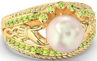 Peridot Gold Claddagh Pearl Ring