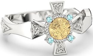 Aquamarine Gold Silver Celtic Warrior Trinity Knot Sword Ring Mens Ladies Unisex