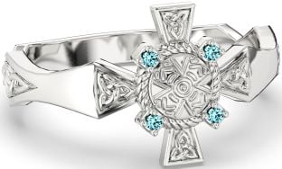 Aquamarine Silver Celtic Warrior Trinity Knot Sword Ring Mens Ladies Unisex