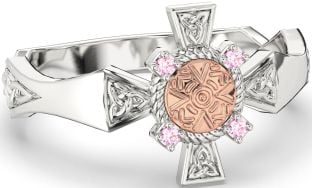 Pink Tourmaline Rose Gold Silver Celtic Warrior Trinity Knot Sword Ring Mens Ladies Unisex