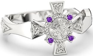 Amethyst White Gold Celtic Warrior Trinity Knot Sword Ring Mens Ladies Unisex