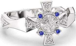 Sapphire White Gold Celtic Warrior Trinity Knot Sword Ring Mens Ladies Unisex