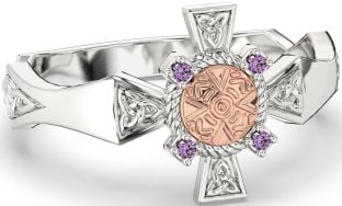 Alexandrite White Rose Gold Celtic Warrior Trinity Knot Sword Ring Mens Ladies Unisex