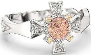 Citrine White Rose Gold Celtic Warrior Trinity Knot Sword Ring Mens Ladies Unisex