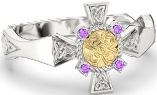 Amethyst Weiß Gelb Gold keltisch Krieger Dreieinigkeit Knoten Schwert Ring Herren Damen Unisex