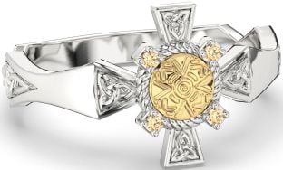 Citrine White Yellow Gold Celtic Warrior Trinity Knot Sword Ring Mens Ladies Unisex