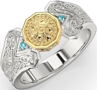 Aquamarine Gold Silver Celtic Warrior Signet Ring Mens Ladies Unisex