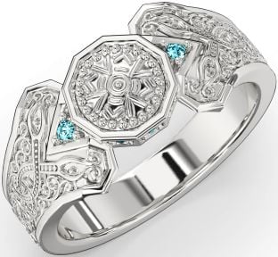 Aquamarine White Gold Celtic Warrior Signet Ring Mens Ladies Unisex