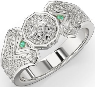 Emerald White Gold Celtic Warrior Signet Ring Mens Ladies Unisex