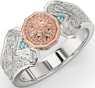 Aquamarine White Rose Gold Celtic Warrior Signet Ring Mens Ladies Unisex